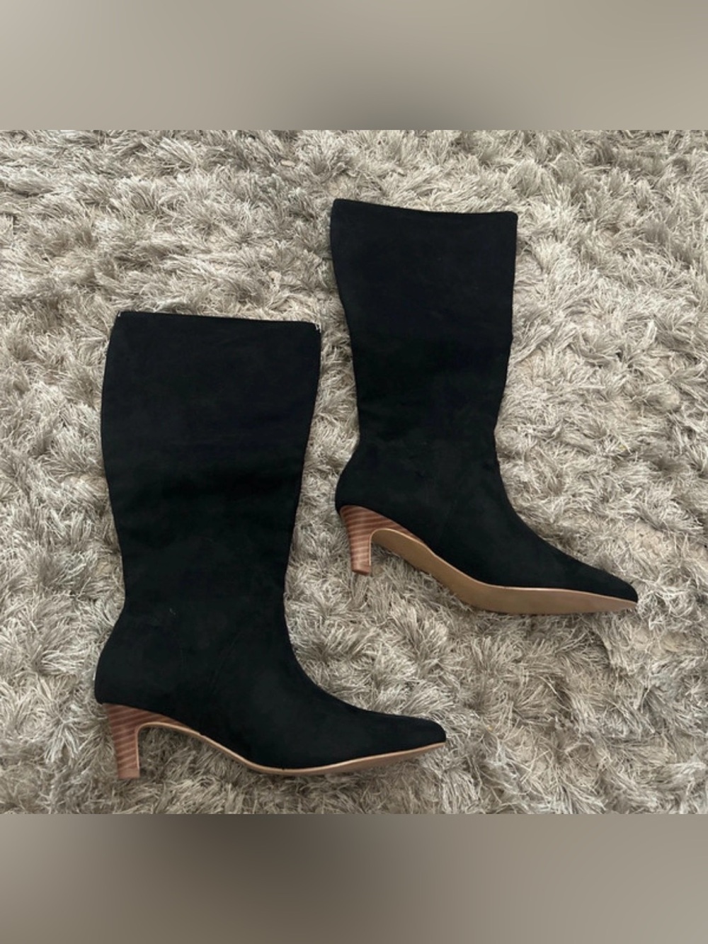 Classic Black Mid-Calf Suede Boots with Stacked Heel